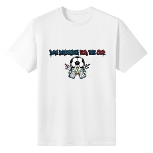Plain white short‑sleeve crew‑neck t‑shirt featuring colorful drip‑graffiti “Day Drinking For The Cup” typography, soccer ball and cheering beer‑mug graphic
