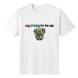 Plain white short‑sleeve crew‑neck t‑shirt featuring vibrant multi‑color drip‑graffiti lowercase slogan and bold street‑art trophy graphic packed with beer bottles, mugs, soccer ball, sun and star accents