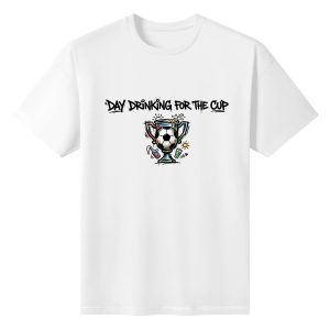 Plain white short‑sleeve crew‑neck t‑shirt featuring edgy black hand‑sketch typography and minimalist doodle‑style trophy‑soccer‑ball graphic with playful beverage‑themed accents