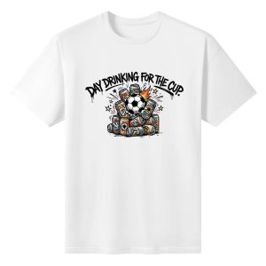 Plain white short‑sleeve crew‑neck t‑shirt featuring arched black drip‑style typography and dynamic splash‑art soccer‑beer‑can pile graphic with flame and star details