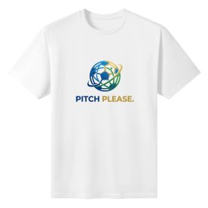 Plain white short‑sleeve crew‑neck t‑shirt featuring refined geometric gradient soccer‑globe emblem with orbital ring and simple navy‑gold “Pitch Please.” slogan