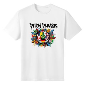 Plain white short‑sleeve crew‑neck t‑shirt featuring bold black drip‑style typography, colorful international‑flag soccer‑ball graphic with dynamic street‑art decorative elements
