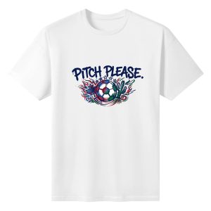 Plain white short‑sleeve crew‑neck t‑shirt featuring soft spray‑graffiti navy typography, regional North America soccer graphic with maple leaf, cactus, star and decorative flame‑swirl details