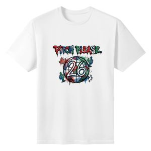 Plain white short‑sleeve crew‑neck t‑shirt featuring vibrant multicolor drip‑style typography, 2026 soccer‑globe emblem with host‑country regional symbols and paint‑splatter details