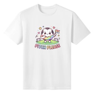 Plain white short‑sleeve crew‑neck t‑shirt featuring adorable kawaii cartoon soccer‑ball mascot, rainbow outfit, pride flag, grass‑field base and soft gradient pastel “Pitch Please” typography