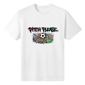 Plain white short‑sleeve crew‑neck t‑shirt featuring edgy tri‑color drip‑style typography, vibrant stadium‑celebration soccer graphic with global flags, fan hands and paint‑splatter accents