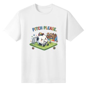 Plain white short‑sleeve crew‑neck t‑shirt featuring cheerful rounded rainbow‑toned typography, sweet cartoon soccer‑ball character with cap on green soccer field, tiny fan crowd, goal net and playful star‑ball details
