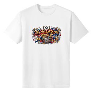 Plain white short‑sleeve crew‑neck t‑shirt featuring vibrant multi‑color street‑graffiti typography, trophy‑inspired soccer graphic with crown, laurel wreath, star and confetti celebration details