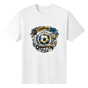Plain white short‑sleeve crew‑neck t‑shirt featuring circular grunge street‑art champion emblem, central gold‑blue soccer ball, trophy, laurel wreath, star & flame details, arched “26 Champion Style” drip‑paint banner typography