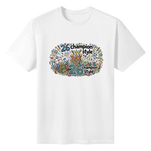 Plain white short‑sleeve crew‑neck t‑shirt featuring vibrant multicolor hand‑drawn doodle‑style typography and packed festive doodle graphic with soccer elements, fan silhouettes, championship symbols and party accents