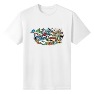 Plain white short‑sleeve crew‑neck t‑shirt featuring lively urban graffiti typography, stylized North America map‑silhouette graphic packed with regional cultural icons, soccer action elements and festive splash‑art details