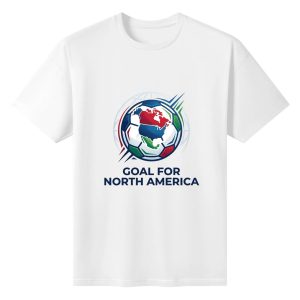 Plain white short‑sleeve crew‑neck t‑shirt featuring polished vector‑style soccer‑ball logo with integrated Canada‑USA‑Mexico map silhouette, thin orbital globe outline and clean uppercase goal‑themed slogan
