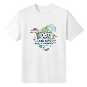 Plain white short‑sleeve crew‑neck t‑shirt featuring soft cartoon‑style North America host‑nations map, adorable soccer‑ball character in goal, pastel‑toned lowercase slogan and playful star‑burst details