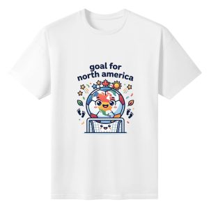 Plain white short‑sleeve crew‑neck t‑shirt featuring vibrant chibi‑cartoon soccer‑globe mascot printed with North America map, adorable goal‑net face, playful nature‑and‑party decorative details and soft lowercase patriotic slogan