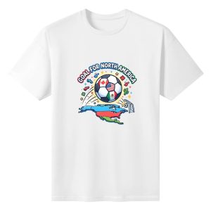 Plain white short‑sleeve crew‑neck t‑shirt featuring bold cartoon‑style arched patriotic typography, host‑nations flag‑themed soccer ball, vibrant North America map silhouette and fun regional‑culture decorative details