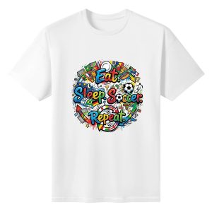 Plain white short‑sleeve crew‑neck t‑shirt featuring colorful rounded bubble‑letter typography, dense circular doodle‑style graphic full of global soccer fan icons, flags, food items, trophies and playful splatter details