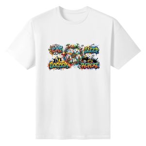 Plain white short‑sleeve crew‑neck t‑shirt featuring wide horizontal multicolor graffiti‑style slogan, stylized world‑landmark soccer‑ball centerpiece, packed fan‑culture doodles and dynamic splash‑art borders