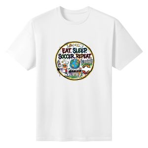 Plain white short‑sleeve crew‑neck t‑shirt featuring thick yellow‑ring circular street‑art badge, colorful hand‑drawn lifestyle‑themed doodles, world‑globe centerpiece and grunge‑style slogan for die‑hard soccer fans