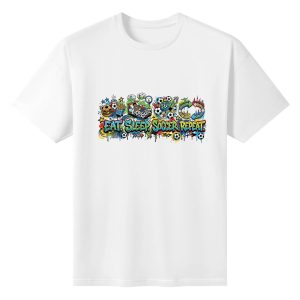 Plain white short‑sleeve crew‑neck t‑shirt featuring vibrant long‑form horizontal graffiti print, playful hand‑drawn doodles representing eating, sleeping, soccer and repeating daily‑routine symbols, dynamic splash‑art accents