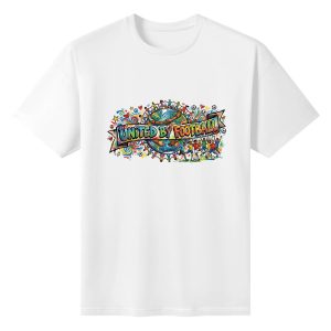 Plain white short‑sleeve crew‑neck t‑shirt featuring wide horizontal rainbow‑toned street‑art banner slogan, stylized world‑globe centerpiece, diverse cheering‑fan doodles and lively celebratory splash‑art details