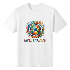 Plain white short‑sleeve crew‑neck t‑shirt featuring artistic circular rainbow‑toned soccer graphic with ethnic‑pattern panels, decorative spiral border, bright hand‑drawn typography celebrating football unity