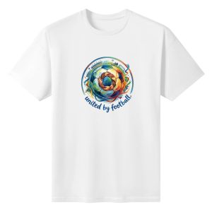 Plain white short‑sleeve crew‑neck t‑shirt featuring artistic painterly circular soccer graphic, central unity‑hands motif, swirling multicolor stadium‑themed accents and soft handwritten‑style slogan celebrating football‑driven global connection