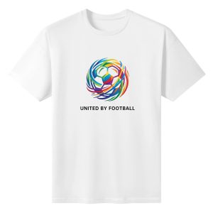 Plain white short‑sleeve crew‑neck t‑shirt featuring contemporary abstract multicolor line‑art soccer emblem and simple bold football‑unity slogan
