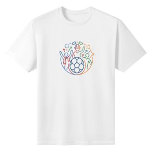 Plain white short‑sleeve crew‑neck t‑shirt featuring modern thin‑line circular soccer fan graphic, stylized cheering‑people silhouettes, sport‑celebration decorative elements in soft gradient hues