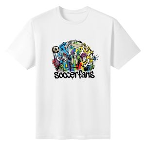 Plain white short‑sleeve crew‑neck t‑shirt featuring bold grunge‑style soccer fan graphic, hand‑drawn cheering supporter characters, dynamic star‑arrow splash borders and dripping‑text typography