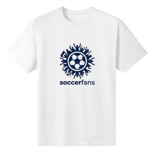 Plain white short‑sleeve crew‑neck t‑shirt featuring clean monochrome circular badge graphic, stylized cheering‑fan silhouettes forming a sun‑like ring around a soccer ball, simple modern fan‑culture lettering