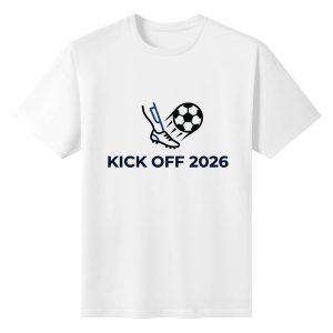 Plain white short‑sleeve crew‑neck t‑shirt featuring simple modern line‑art kick‑motion soccer graphic and sleek uppercase 2026 tournament slogan