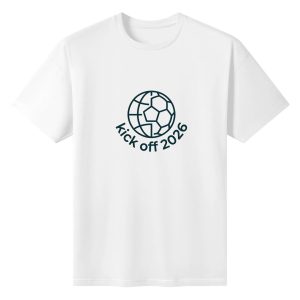 Plain white short‑sleeve crew‑neck t‑shirt featuring simple modern line‑drawn world‑soccer emblem and arched casual‑style 2026 kick‑off slogan