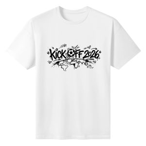 Plain white short‑sleeve crew‑neck t‑shirt featuring bold grunge graffiti‑style 2026 tournament slogan, integrated soccer‑ball icon, hand‑drawn world‑map base and dynamic street‑art decorative elements
