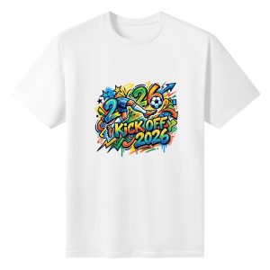 Plain white short‑sleeve crew‑neck t‑shirt featuring eye‑catching rainbow‑toned urban‑graffiti tournament slogan, integrated kick‑motion footballer graphic, dynamic drip‑paint street‑art borders