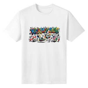 Plain white short‑sleeve crew‑neck t‑shirt featuring colorful urban‑graffiti tournament slogan, integrated kick‑motion soccer graphic, three‑host‑country flag symbols and dynamic street‑art decorative elements