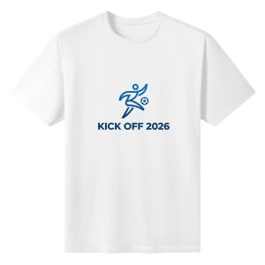 Plain white short‑sleeve crew‑neck t‑shirt featuring simple contemporary thin‑line footballer‑kick emblem and bold streamlined 2026 tournament slogan