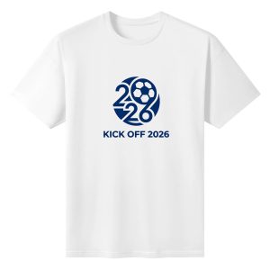Plain white short‑sleeve crew‑neck t‑shirt featuring contemporary monogram‑style 2026‑soccer emblem, streamlined circular design combining year numerals and soccer‑ball graphic, polished tournament slogan