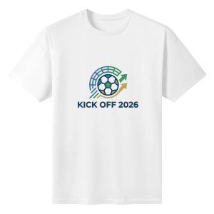 Plain white short‑sleeve crew‑neck t‑shirt featuring polished minimalist soccer‑stadium circular logo, gradient‑toned arch‑arrow decorative elements and streamlined 2026 kick‑off slogan