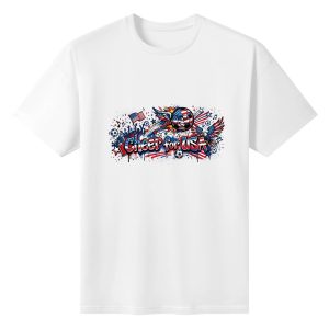 Plain white short‑sleeve crew‑neck t‑shirt featuring bold patriotic urban‑graffiti slogan, winged USA‑flag‑themed soccer ball, eagle emblem, flag‑star decorative accents for American football fandom