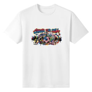 Plain white short‑sleeve crew‑neck t‑shirt featuring bold urban‑graffiti patriotic slogan, central American‑flag soccer ball, lively fan‑celebration illustrations and colorful splash‑art borders