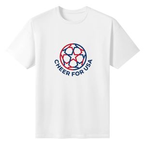 Plain white short‑sleeve crew‑neck t‑shirt featuring sleek circular USA‑star soccer‑ball line‑art icon and arched patriotic cheering slogan