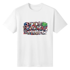 Plain white short‑sleeve crew‑neck t‑shirt featuring colorful urban‑graffiti patriotic slogan, American eagle symbols, USA‑flag soccer ball, footballer graphic, fan‑celebration silhouettes and sports‑themed decorative elements
