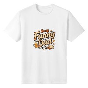 Plain white short‑sleeve crew‑neck t‑shirt featuring vintage‑distressed “Funny Dad” slogan, dad‑themed icons (bow tie, beer mug, baseball cap) and warm retro aesthetic