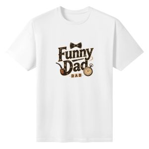 Plain white short‑sleeve crew‑neck t‑shirt featuring distressed vintage‑font “Funny Dad” slogan, classic dad‑style accessories (bow tie, pipe, pocket watch, letter tiles) and worn‑out sepia‑toned aesthetic