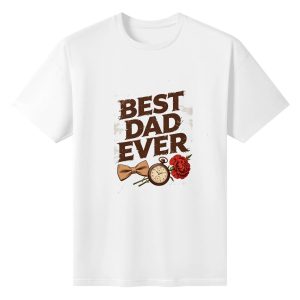 Plain white short‑sleeve crew‑neck t‑shirt featuring bold distressed “BEST DAD EVER” lettering, with classic dad accessories (bow tie, pocket watch) and a red carnation for a heartfelt touch