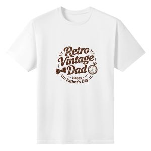 Plain white short‑sleeve crew‑neck t‑shirt featuring vintage “Retro Vintage Dad” slogan, bow tie and pocket‑watch details, and “Happy Father’s Day” script for a classic, nostalgic vibe