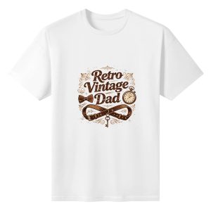 Plain white short‑sleeve crew‑neck t‑shirt featuring vintage “Retro Vintage Dad” slogan, ornate floral scrollwork, bow tie, pocket watch, infinity belt, and skeleton‑key details for a classic, elaborate nostalgic vibe
