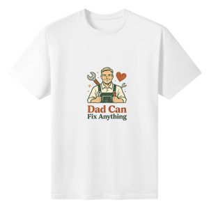 Plain white short‑sleeve crew‑neck t‑shirt featuring vintage‑style “Dad Can Fix Anything” slogan, with handyman dad illustration (overalls, wrenches) and heart graphic for a warm, proud vibe