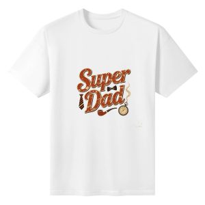 Plain white short‑sleeve crew‑neck t‑shirt featuring vintage “Super Dad” slogan, with classic dad accessories (striped tie, bow tie, pipe, pocket watch) and a worn‑out sepia aesthetic