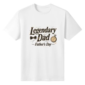 Plain white short‑sleeve crew‑neck t‑shirt featuring vintage “Legendary Dad” slogan, bow tie and pocket‑watch details, plus “Father’s Day” script, with a cracked, worn‑out aesthetic